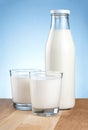 Bottle of fresh milk and two glass is wooden table Royalty Free Stock Photo