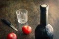 Full bottle of wine with cork, two red tomatoes,  knife and an empty glass Royalty Free Stock Photo