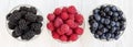 Full bowls containing berries: blueberries, blackberries, raspberries. Healthy eating and dieting. From above, overhead Royalty Free Stock Photo