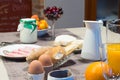 Full breakfast table ready to be served in a hotel Royalty Free Stock Photo