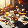 Full breakfast for two or more people at a wooden table.