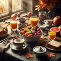 Full breakfast for two or more people at a wooden table.