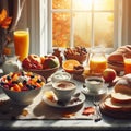 Full breakfast for two or more people at a wooden table.