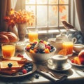 Full breakfast for two or more people at a wooden table.