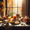 Full breakfast for two or more people at a wooden table.