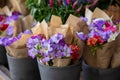 Full buckets of fresh cut beautiful colorful freesia flowers bouquets at the flowers shop in spring time. Royalty Free Stock Photo