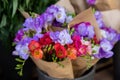 Full buckets of fresh cut beautiful colorful freesia flowers bouquets at the flowers shop in spring time. Royalty Free Stock Photo