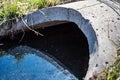 full capacity concrete culvert with sheen contaminated storm water runoff Royalty Free Stock Photo