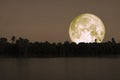 full cold moon back on mountain and reflection on river in the night sky