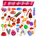 Full collection of different colorful candy and toffee chocolate