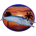 A full colored wahoo  with palm trees and island tropical background Royalty Free Stock Photo