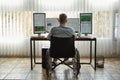 Full concentration. Back view of young male trader in a wheelchair looking at computer monitor while working in modern