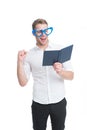 Full concentration at work. Positive creative man presenting a report. Business coach. happy man in toy glasses read Royalty Free Stock Photo