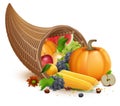 Full cornucopia for Thanksgiving feast day. Rich harvest of pumpkin, apple, corn, grapes, watermelon Royalty Free Stock Photo