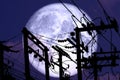 full crust moon back on silhouette power electric line on night sky Royalty Free Stock Photo