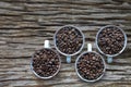 Full cup of heap coffee bean on aged rustic wooden table with copy space from top view