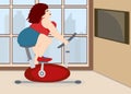 Full cute girl is engaged on an exercise bike at home