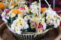 full decoraton fresh flower in circle basket. beauty daisy florist romantic valentine gift. Yellow marigold arrange for surprise