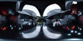 full 360 degree panorama view of empty abstract futuristic technology building interior with sky and clouds 3d render