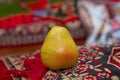 Full depth of field. Autumn harvest concept - Fresh ripe organic yellow pears , dark stone background. Vegetarian, vegan, healthy