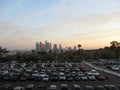 Full Dodger parking lot and Downtown LA in the distance at Dusk