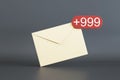 Full email box, received notifications and newsletter ideas concept with beige paper envelope with white 999 icon in red circle on