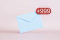 Full email box, received notifications and newsletter ideas concept with white paper envelope with white 999 icon in red circle on