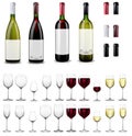 Full and empty wine glasses. Red and white wine bottles. Royalty Free Stock Photo