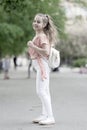 Full of energy. Girl carefree child. Kid long hair enjoy walking. Summer holidays. Little child enjoy walk. Health, good