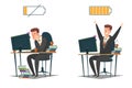 Full of energy and tired business people, vector flat illustration