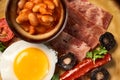 Full English breakfast with bacon, sausage, fried egg, baked beans Royalty Free Stock Photo