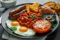 Full English breakfast with bacon, sausage, fried egg, baked beans, hash browns and mushrooms in black plate. cup coffee Royalty Free Stock Photo