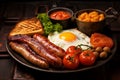 A full English breakfast, consisting of bacon, fried egg, sausage