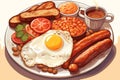 A full English breakfast, consisting of bacon, fried egg, sausage, mushrooms