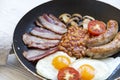 Full English breakfast in cooking pan with fried eggs, bacon, sausages, beans and toasts. Royalty Free Stock Photo