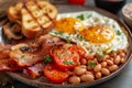 English breakfast on kitchen table. Fried eggs with beans, tomato, mushrooms, bacon and toast on plate for breakfast. Generated AI Royalty Free Stock Photo