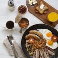 Full English breakfast in a pan with fried eggs, bacon, beans, sausages and toasts on white wooden table, overhead view. Royalty Free Stock Photo