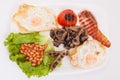 Full english breakfast view from above. Bean, eggs , bacon slices, sausages, tomatoe and mushrooms on white plate Royalty Free Stock Photo