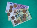 Full Euro banknotes series with coins, European Union currency