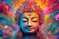 Full-faced and detailed Buddha\'s head on a colorful background.