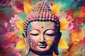 Full-faced and detailed Buddha\'s head on a colorful background