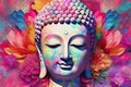 Full-faced and detailed Buddha\'s head on a colorful background