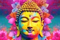 Full-faced and detailed Buddha\'s head on a colorful background