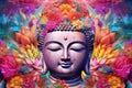 Full-faced and detailed Buddha\'s head on a colorful background