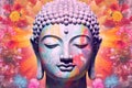 Full-faced and detailed Buddha\'s head on a colorful background