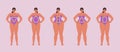 Full female body types isolated. Curvy women stand in a row in purple swimsuits. Vector illustration of chubby girls