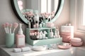 Full of feminine cosmetics arranged around a sink in a bathroom, created with Generative AI technology