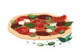 Full Feta cheese and salami pizza with pepper, jalapeno, basil and tomato sauce.Tasty Italian food with sausages and vegetables. Royalty Free Stock Photo