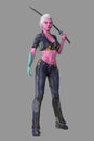 Full figure render of a beautiful alien woman holding a katana sword in confident standing pose