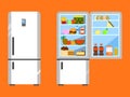 Full of food opened and close refrigerator. Fridge and fruit, freezer and vegetable. Flat design